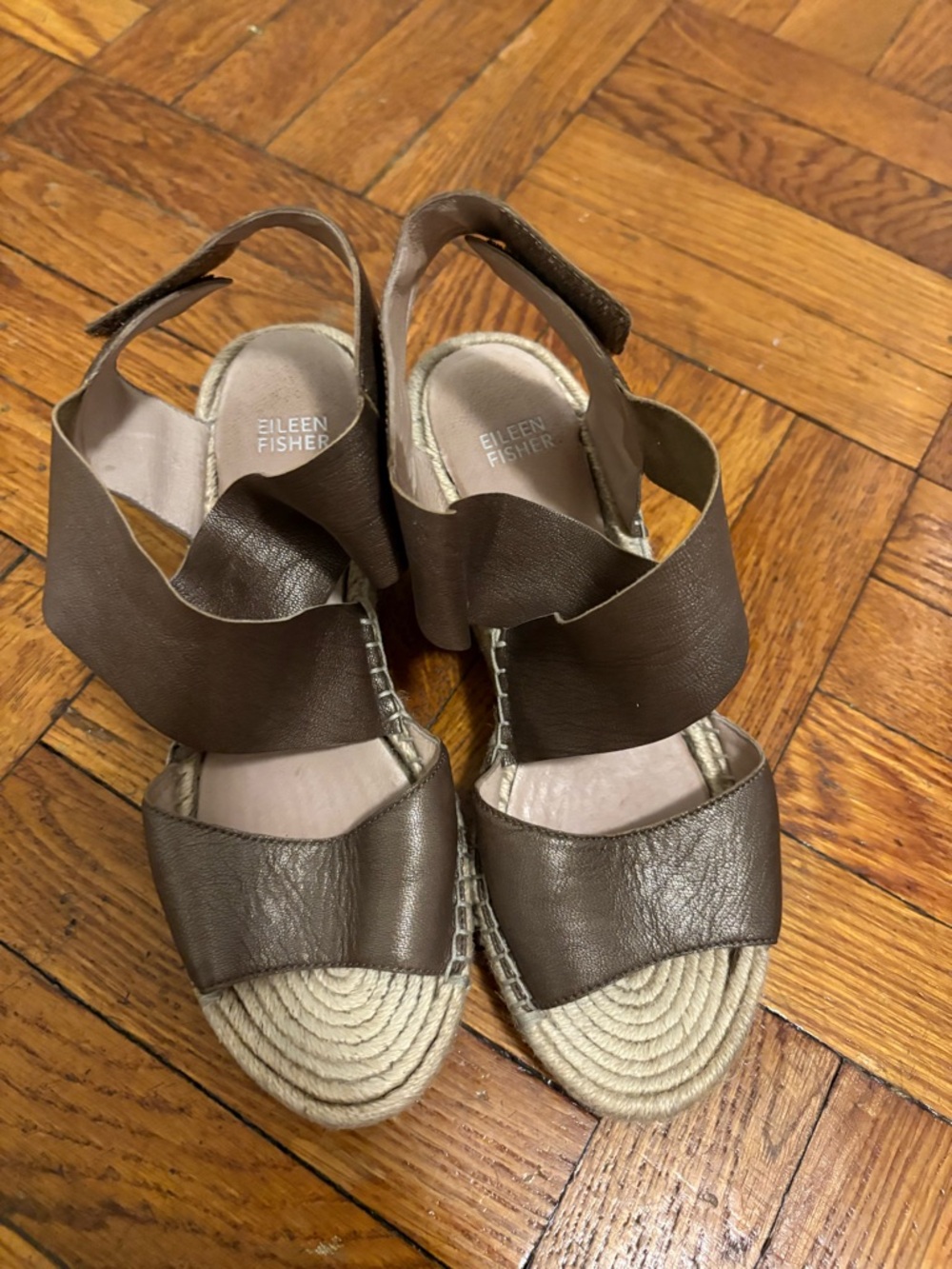 Eileen Fisher Dark Brown Leather Espadrille Wedge Sandals